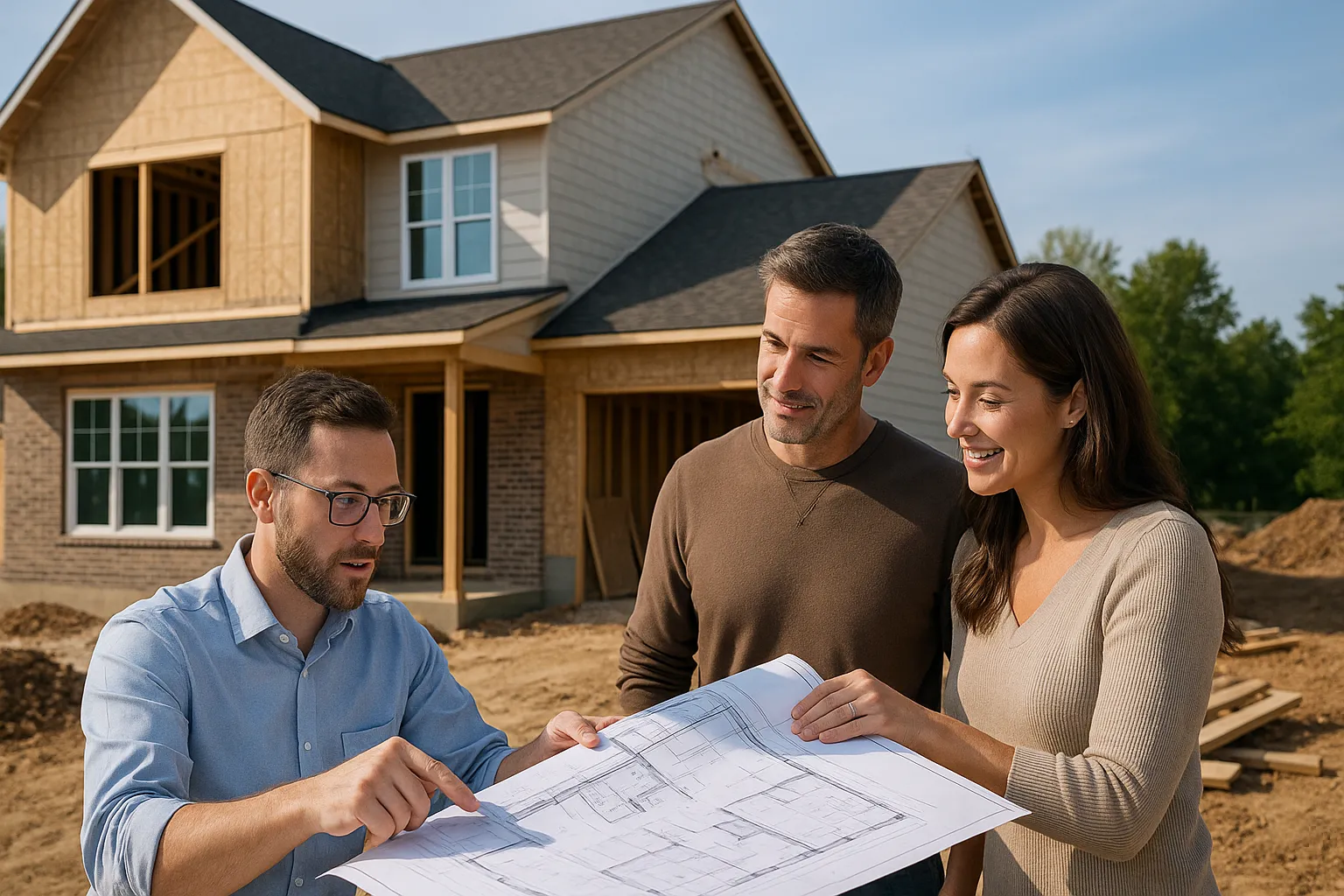 Architect advising homeowners on house construction plans