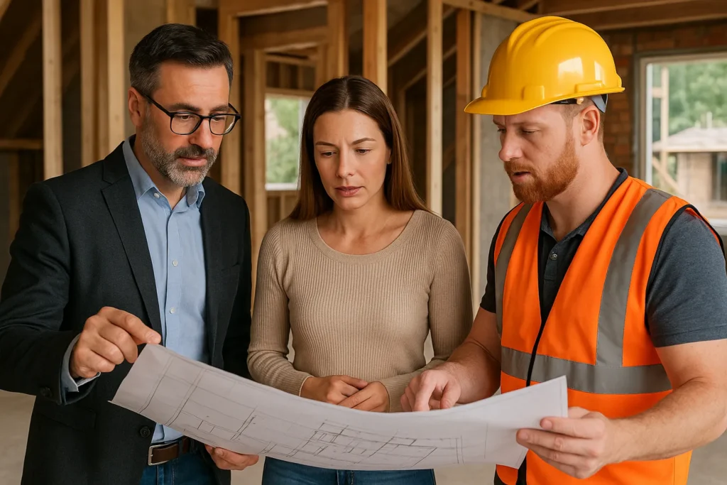 Architect and contractor guiding client on project plans