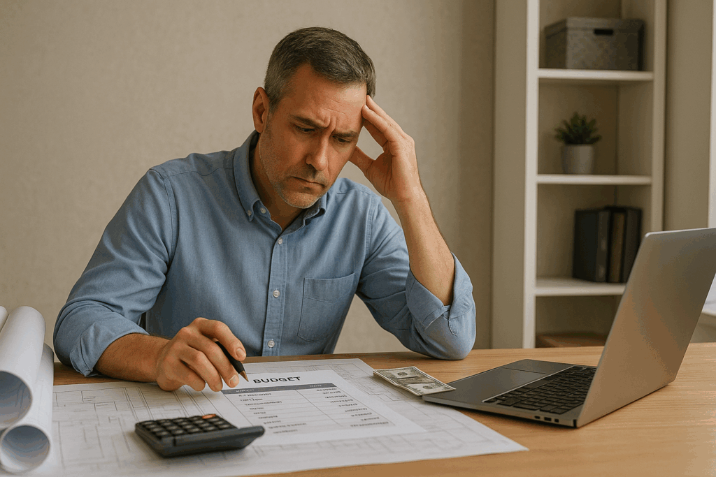 Architect planning building budget with blueprints
