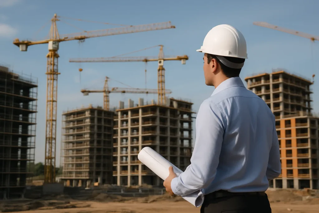 Architect observing cranes and unfinished structures