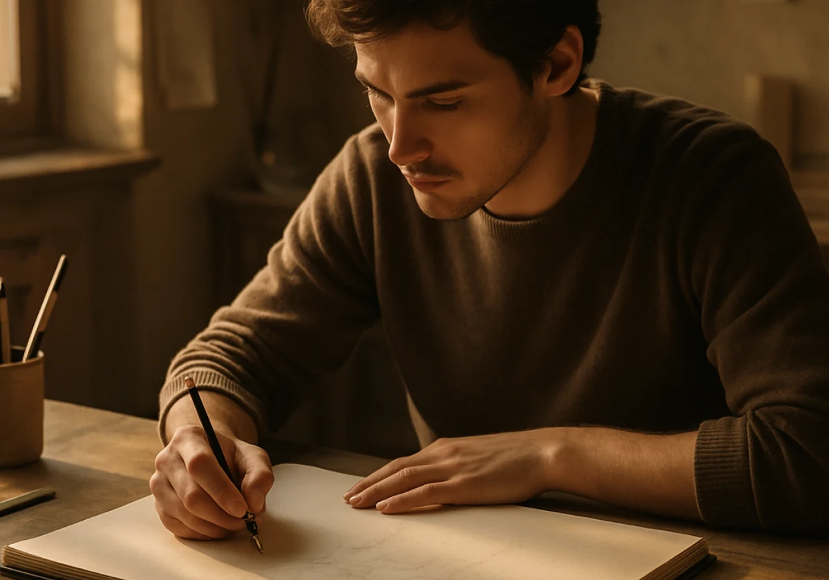 A student drawing on a sheet of paper with a pencil.