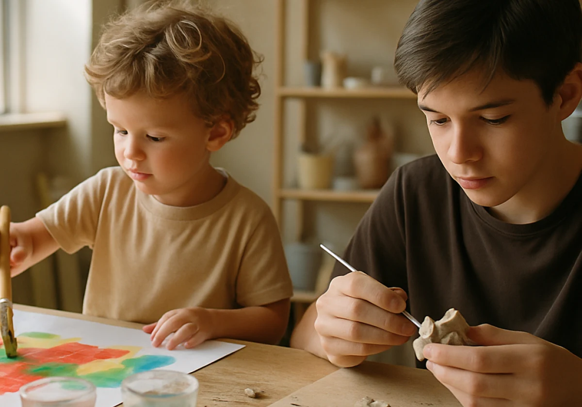A children's art workshop table showing a four-year-old using large