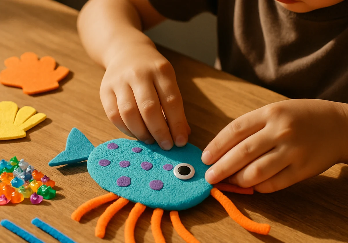 A child's hands sculpting an undersea creature from various craft