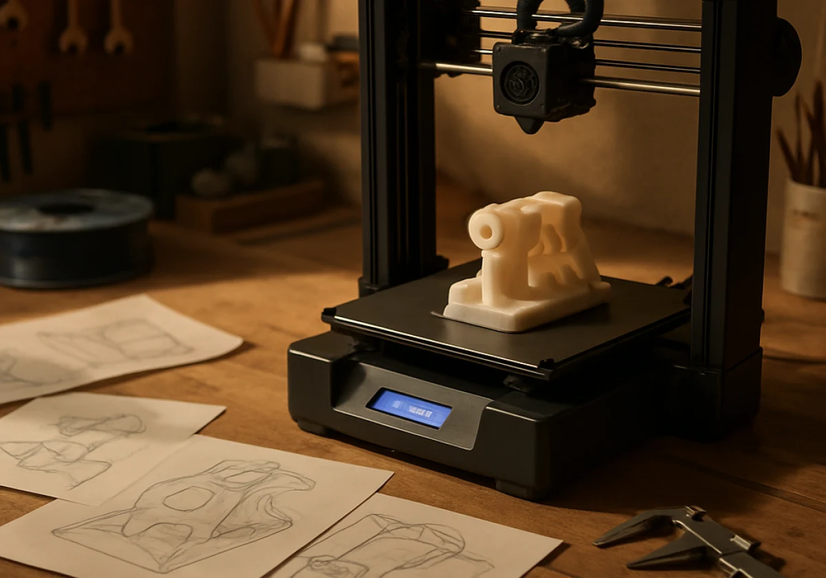 Designer's workshop with a 3D printer on a workbench